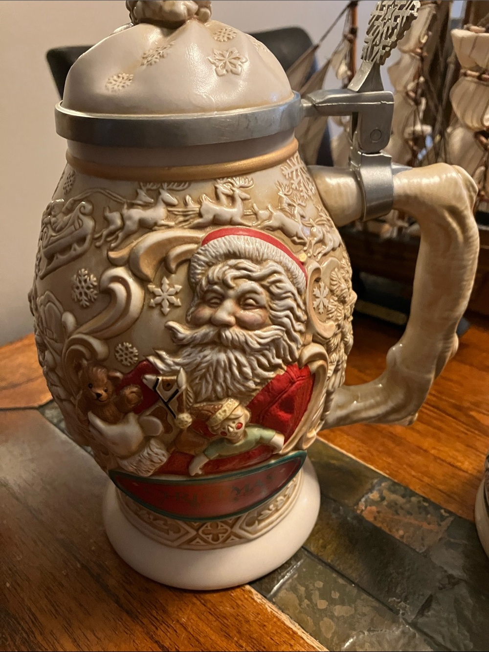 Holiday Santa Ceramic Beer Stein - Beige and Red